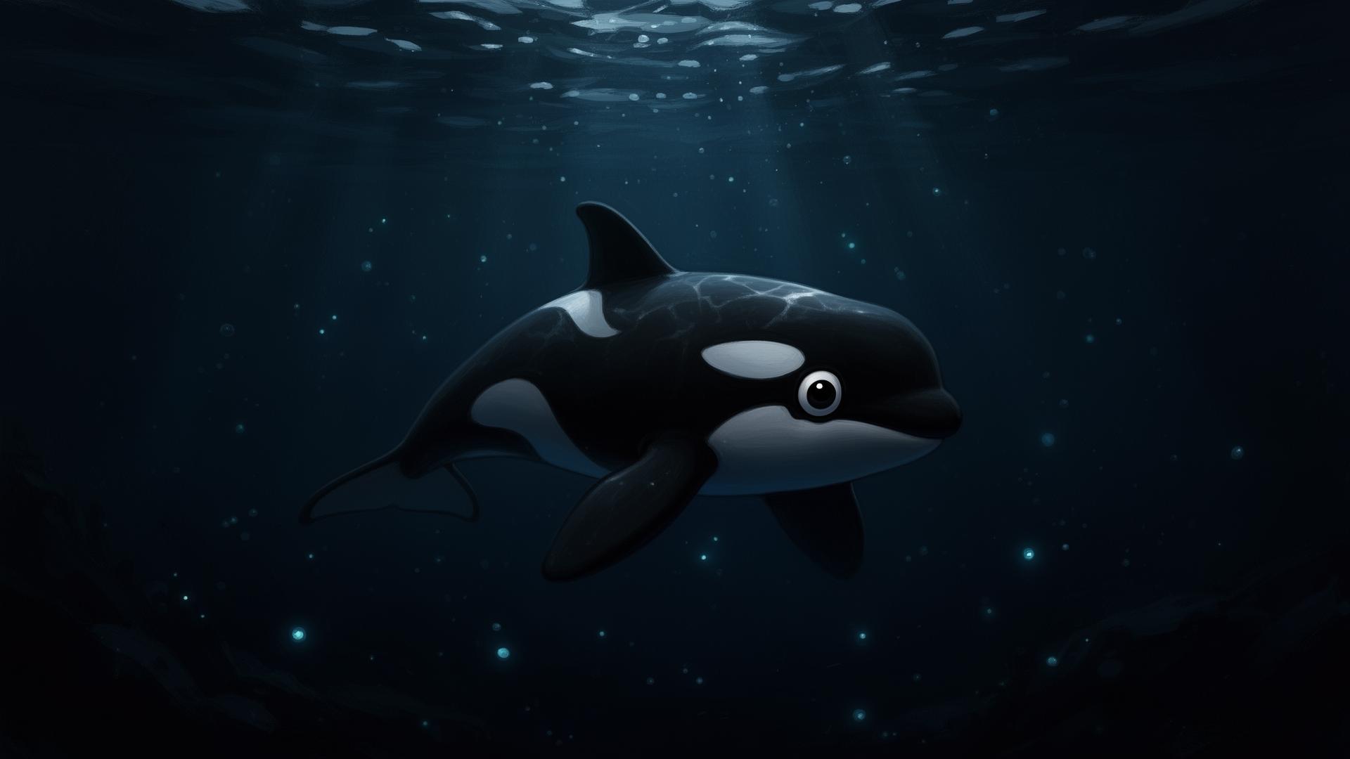 Lonely orca swimming in dark ocean